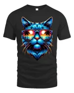 Neon Sunset Cat Tee with Cool Sunglasses Beach Artwork - black t-shirt on white background