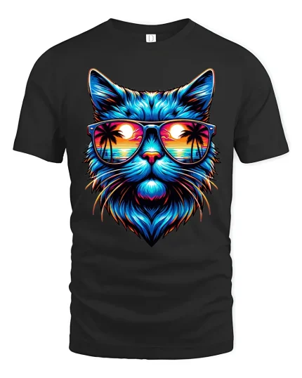 Neon Sunset Cat Tee with Cool Sunglasses Beach Artwork - black t-shirt on white background