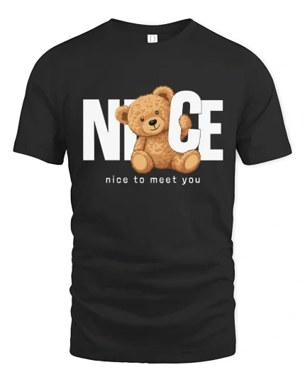 Nice Teddy Bear Tee with Cute Greeting Message Design - black t-shirt on white background