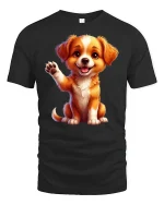 Cute Waving Puppy Tee with Adorable Happy Dog Artwork - black t-shirt on white background