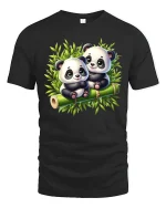 Cute Baby Panda Duo Tee with Adorable Bamboo Forest Artwork - black t-shirt on white background