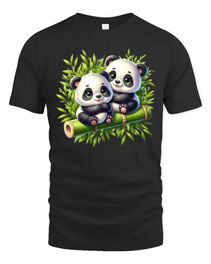 Cute Baby Panda Duo Tee with Adorable Bamboo Forest Artwork - black t-shirt on white background