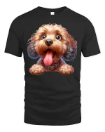 Cute Happy Pup Tee with Big Smile and Tongue Out Dog Artwork - black t-shirt on white background