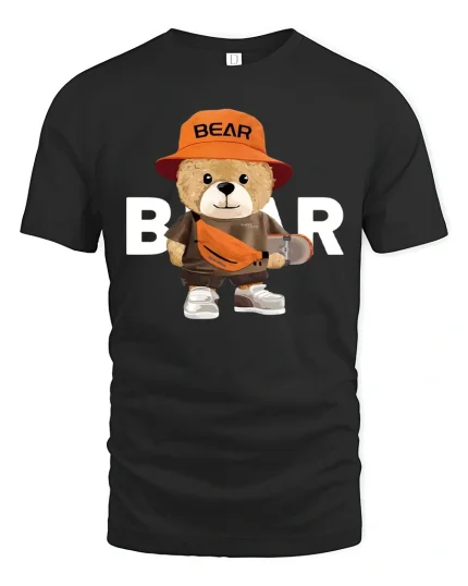 Cool Skater Bear Tee with Streetwear Style and Cute Bear Graphic - black t-shirt on white background