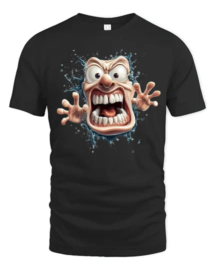 Crazy Cartoon Face Tee with Wild Screaming Character Art - black t-shirt on white background