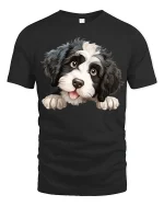 Cute Puppy Face Tee with Adorable Fluffy Dog Illustration - black t-shirt on white background