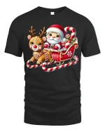 Cute Santa Sleigh Ride Tee with Reindeer Candy Art Design - black t-shirt on white background