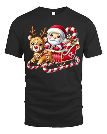 Cute Santa Sleigh Ride Tee with Reindeer Candy Art Design - black t-shirt on white background