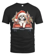Christmas Puppy Truck Tee with Cute Santa Dog Holiday Art - black t-shirt on white background