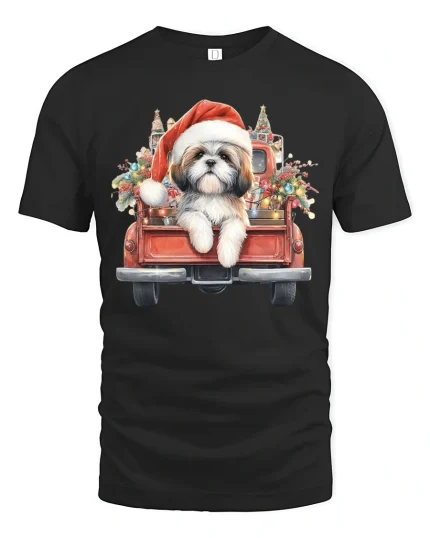 Christmas Puppy Truck Tee with Cute Santa Dog Holiday Art - black t-shirt on white background