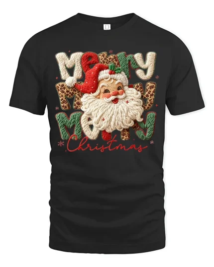 Retro Santa Merry Christmas Tee with Cute Holiday Knit Style - black t-shirt on white background