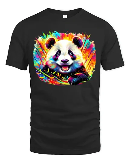 Vibrant Neon Panda Tee with Color Splash Art and Cute Style - black t-shirt on white background