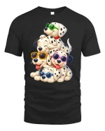 Cool Dalmatian Puppies Tee with Fun Sunglasses Cartoon Art - black t-shirt on white background