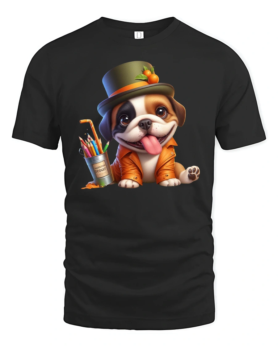 Cute Artist Puppy Tee with Top Hat and Colorful Paint Tools - 1 Cute Artist Puppy Tee with Top Hat and Colorful Paint Tools - black t-shirt on white background