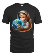 Cute Baby Astronaut Tee Holding Earth Cosmic Space Art Design - black t-shirt on white background