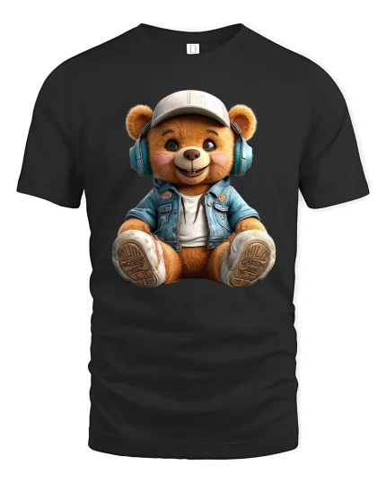 Cute Teddy Bear Headphones Tee in Cool Streetwear Style - black t-shirt on white background
