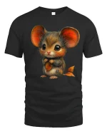 Cute Autumn Mouse Tee with Big Ears and Leaf Art Design - black t-shirt on white background