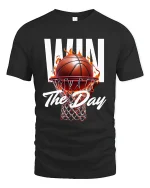 Win The Day Basketball Tee with Fiery Hoop Game Graphic - black t-shirt on white background