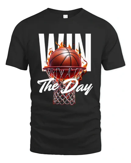 Win The Day Basketball Tee with Fiery Hoop Game Graphic - black t-shirt on white background
