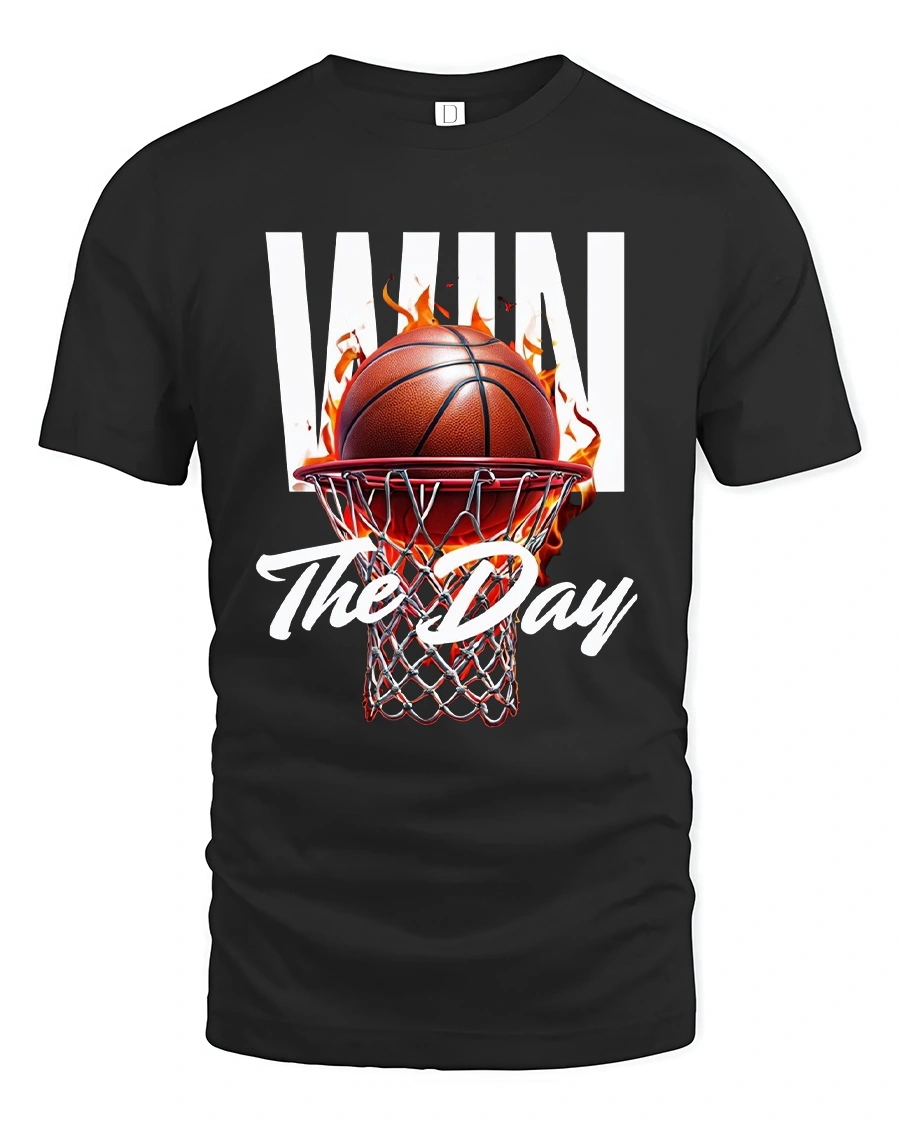 Win The Day Basketball Tee with Fiery Hoop Game Graphic - 1 Win The Day Basketball Tee with Fiery Hoop Game Graphic - black t-shirt on white background