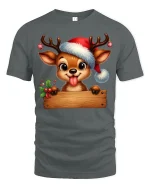 Cute Christmas Reindeer Tee with Santa Hat Holiday Style - gray t-shirt on white background