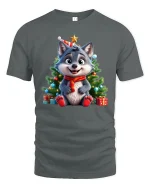 Cute Christmas Wolf Tee with Festive Tree and Holiday Gifts - gray t-shirt on white background