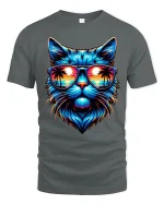 Neon Sunset Cat Tee with Cool Sunglasses Beach Artwork - gray t-shirt on white background