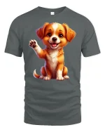 Cute Waving Puppy Tee with Adorable Happy Dog Artwork - gray t-shirt on white background