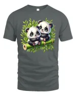 Cute Baby Panda Duo Tee with Adorable Bamboo Forest Artwork - gray t-shirt on white background