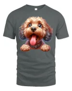 Cute Happy Pup Tee with Big Smile and Tongue Out Dog Artwork - gray t-shirt on white background