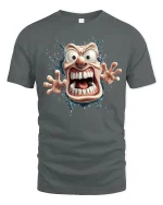 Crazy Cartoon Face Tee with Wild Screaming Character Art - gray t-shirt on white background