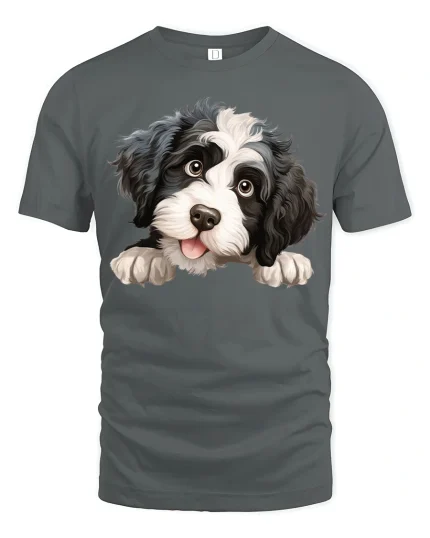 Cute Puppy Face Tee with Adorable Fluffy Dog Illustration - gray t-shirt on white background