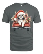 Christmas Puppy Truck Tee with Cute Santa Dog Holiday Art - gray t-shirt on white background