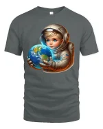 Cute Baby Astronaut Tee Holding Earth Cosmic Space Art Design - gray t-shirt on white background