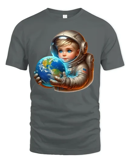 Cute Baby Astronaut Tee Holding Earth Cosmic Space Art Design - gray t-shirt on white background