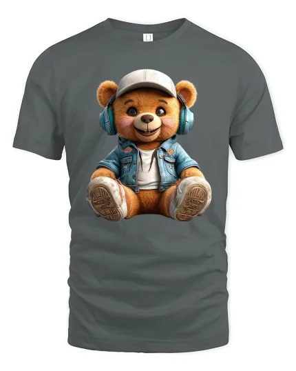 Cute Teddy Bear Headphones Tee in Cool Streetwear Style - gray t-shirt on white background