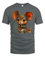 Cute Autumn Mouse Tee with Big Ears and Leaf Art Design - gray t-shirt on white background
