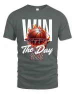 Win The Day Basketball Tee with Fiery Hoop Game Graphic - gray t-shirt on white background