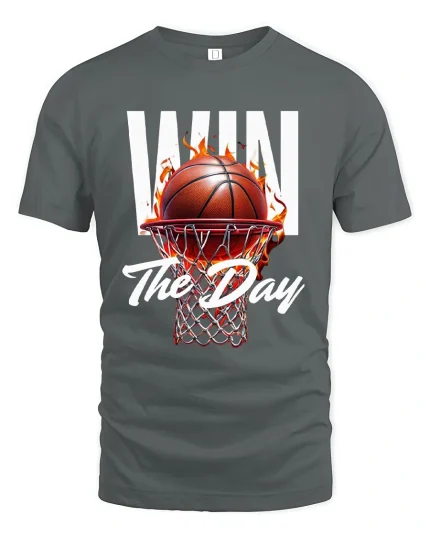Win The Day Basketball Tee with Fiery Hoop Game Graphic - gray t-shirt on white background
