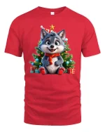 Cute Christmas Wolf Tee with Festive Tree and Holiday Gifts - red t-shirt on white background