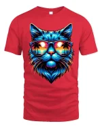 Neon Sunset Cat Tee with Cool Sunglasses Beach Artwork - red t-shirt on white background