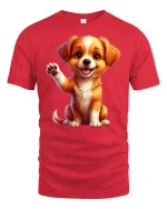 Cute Waving Puppy Tee with Adorable Happy Dog Artwork - red t-shirt on white background