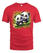 Cute Baby Panda Duo Tee with Adorable Bamboo Forest Artwork - red t-shirt on white background