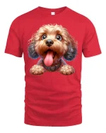 Cute Happy Pup Tee with Big Smile and Tongue Out Dog Artwork - red t-shirt on white background