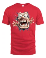Crazy Cartoon Face Tee with Wild Screaming Character Art - red t-shirt on white background