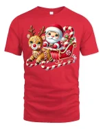 Cute Santa Sleigh Ride Tee with Reindeer Candy Art Design - red t-shirt on white background