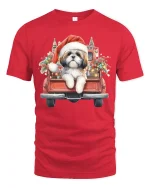 Christmas Puppy Truck Tee with Cute Santa Dog Holiday Art - red t-shirt on white background