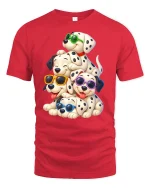 Cool Dalmatian Puppies Tee with Fun Sunglasses Cartoon Art - red t-shirt on white background