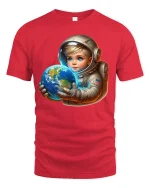 Cute Baby Astronaut Tee Holding Earth Cosmic Space Art Design - red t-shirt on white background