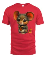 Cute Autumn Mouse Tee with Big Ears and Leaf Art Design - red t-shirt on white background